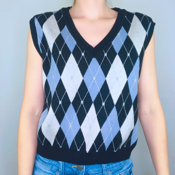 Bee Free Vest Diamond Sleeveless School Preppy Knit Stretch Cropped Academic - Picture 1 of 7